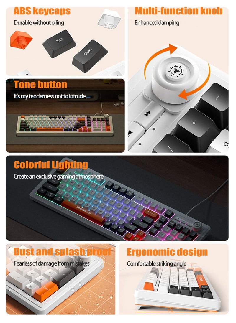 Beirui - 98-Key Wired Keyboard, Membrane Knob Keyboard, Color-coded Illuminated Mechanical Feeling, Mute, RGB Lighting Effects, Built-in Volume Knob, Suitable for Gaming, Office Use - Image 1
