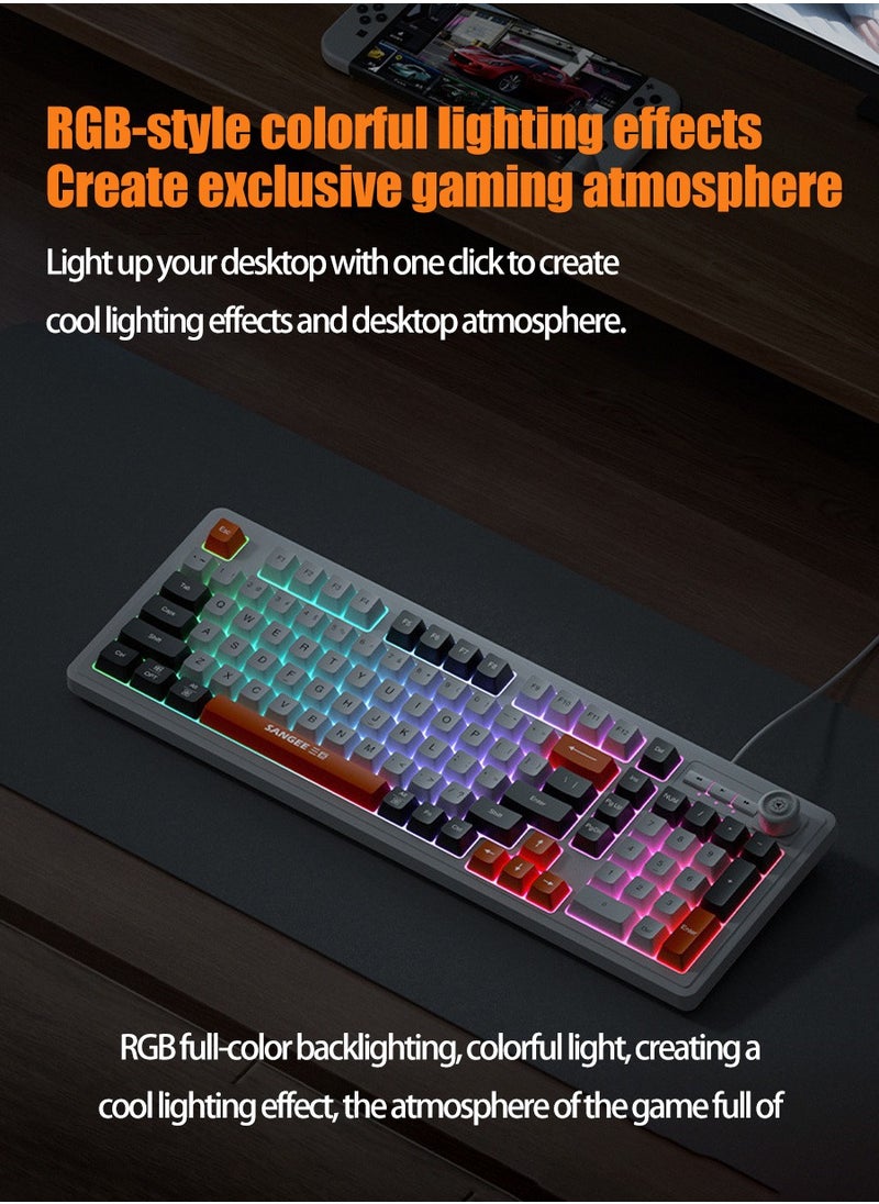 Beirui - 98-Key Wired Keyboard, Membrane Knob Keyboard, Color-coded Illuminated Mechanical Feeling, Mute, RGB Lighting Effects, Built-in Volume Knob, Suitable for Gaming, Office Use - Image 1