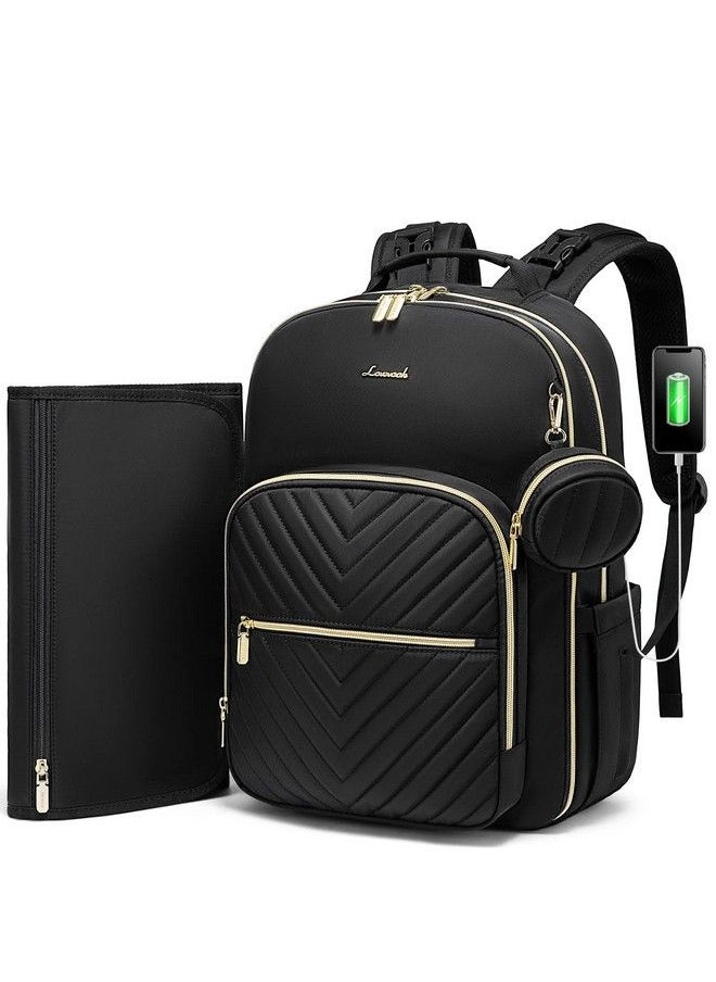 Lovevook - Diaper Bag Backpack Quilted Baby Bag With Changing Pad & Pacifier Holder Waterproof Travel Diaper Bags With Usb Charging Port Stylish And Large Capacity Black - Image 1