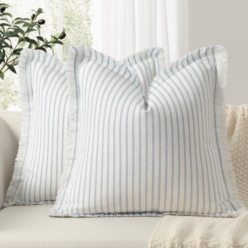 ZWJD Throw Pillow Covers 24x24 Set of 2 Striped Pillow Covers with Fringe Chic Cotton Decorative Pillows Square Cushion Covers for Sofa Couch Bed Living Room Farmhouse Decor Light Blue - Image 2