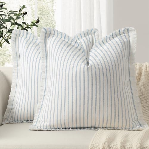 ZWJD Throw Pillow Covers 24x24 Set of 2 Striped Pillow Covers with Fringe Chic Cotton Decorative Pillows Square Cushion Covers for Sofa Couch Bed Living Room Farmhouse Decor Light Blue - Image 1