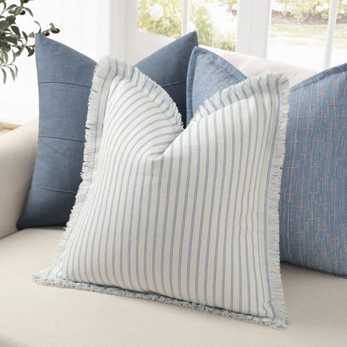 ZWJD Throw Pillow Covers 24x24 Set of 2 Striped Pillow Covers with Fringe Chic Cotton Decorative Pillows Square Cushion Covers for Sofa Couch Bed Living Room Farmhouse Decor Light Blue - Image 3