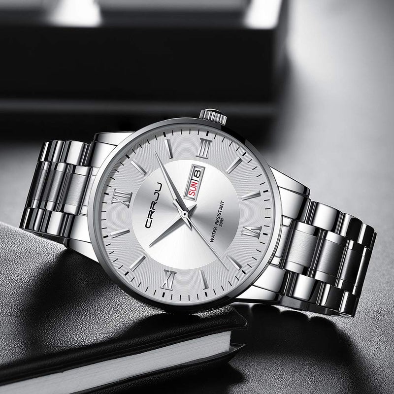 CRRJU Men's Casual Auto Date Watches Fashion Business Japan Movement Quartz Waterproof Wristwatches for Men,Silver White Stainsteel Steel Band Watch - Image 4