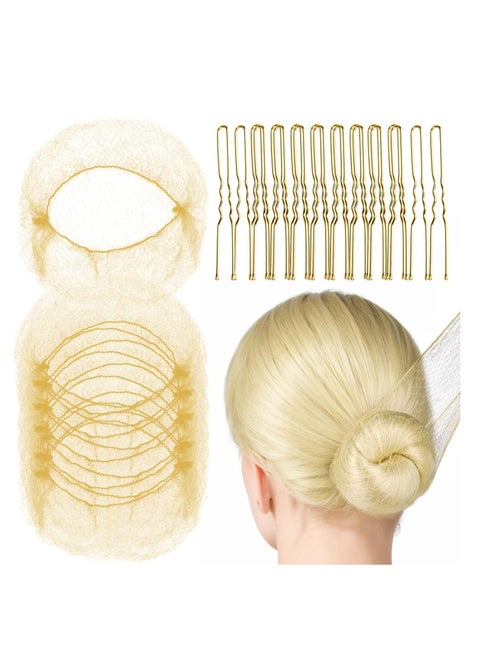 Hair Nets Invisible Elastic Edge Mesh and Bobby Pins Set, 60PCS Hair Nets Invisible and 40 Pieces 6cm 20 Pieces 5cm U Shaped Pins for Ballet Bun,3 Size (Gold)