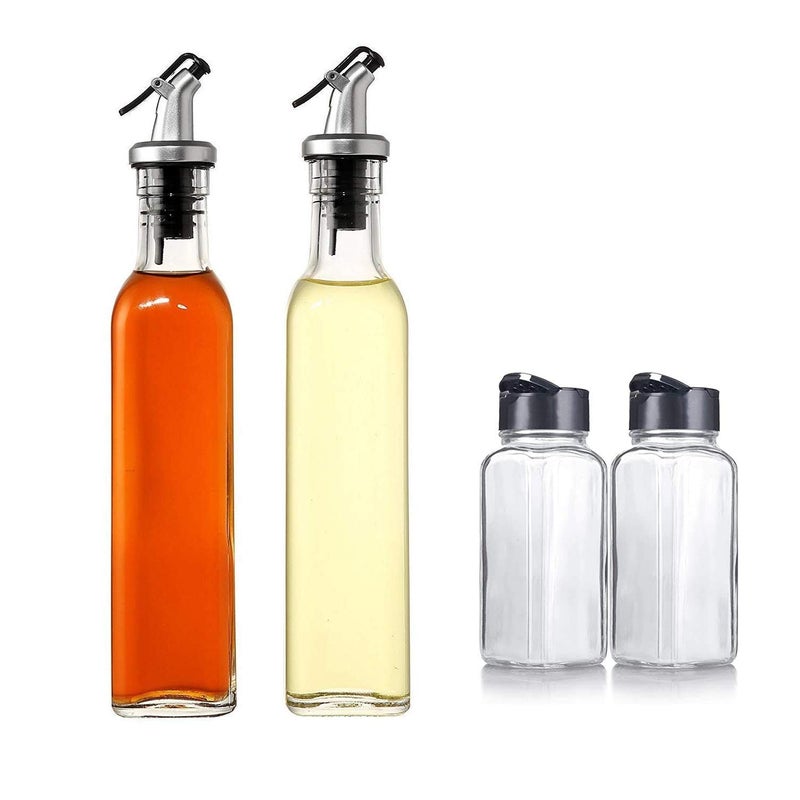 Avora Oil Dispenser 500 ml and Glass 120 ML Square Spice Jar Vinegar Cruet Bottle Air Tight Cruet Glass Oil Bottle Clear Pack of 4 - Image 1