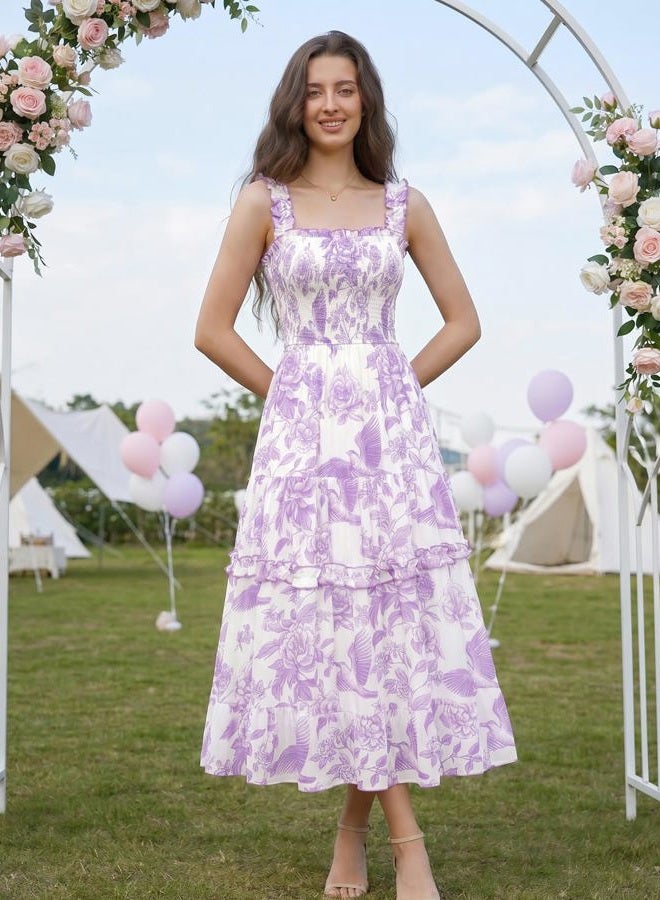 Scarlet Darkness Floral Dress for Women 2026 Flowy Sundress Smocked Cottagecore Dresses, Lavender Floral, M - Image 3