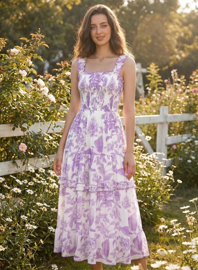 Scarlet Darkness Floral Dress for Women 2026 Flowy Sundress Smocked Cottagecore Dresses, Lavender Floral, M - Image 4