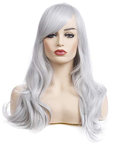morvally 23 inches Long Curly Wig Big Wave Heat Resistant Synthetic Hair with Bangs for Cosplay Costume Halloween Party (Silver Grey) - Image 1