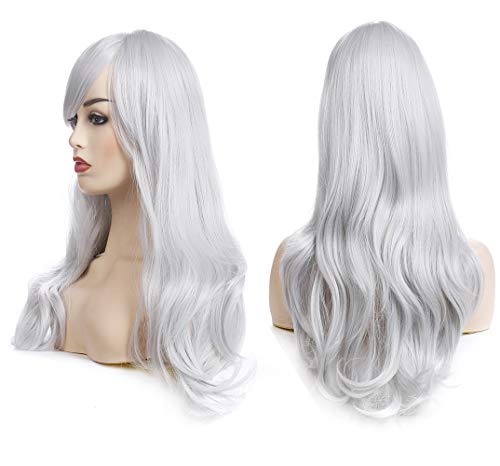morvally 23 inches Long Curly Wig Big Wave Heat Resistant Synthetic Hair with Bangs for Cosplay Costume Halloween Party (Silver Grey) - Image 2