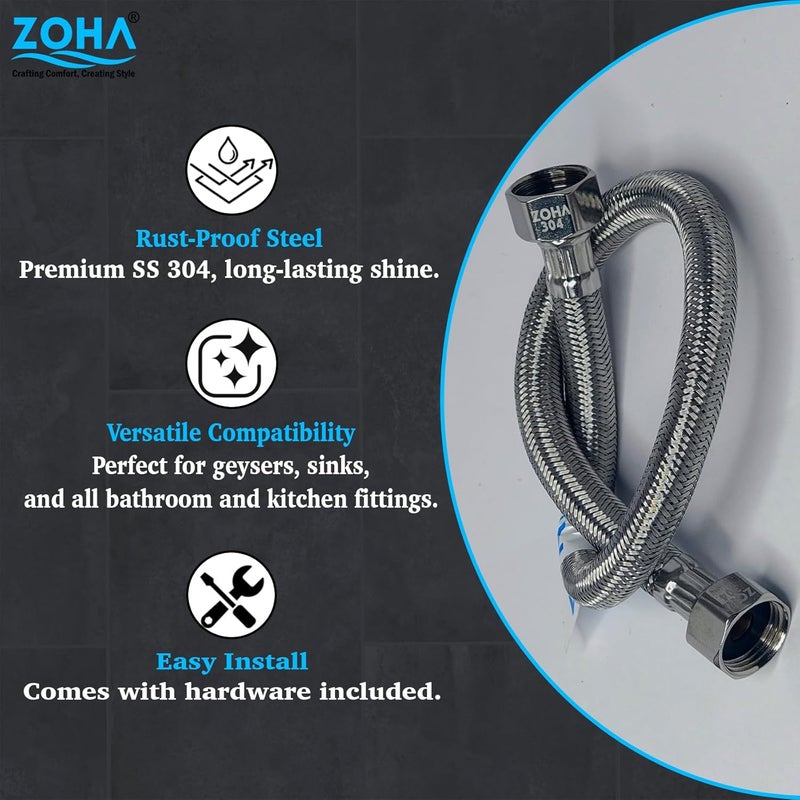 Zoha Premium SS 304 Braided Steel Water Supply Line, Rust-Proof Flexible Connection Pipe, 1/2 Inch Diameter, with EPDM Inner Tube, for Kitchen and Bathroom Fittings (36 Inch) - Image 3