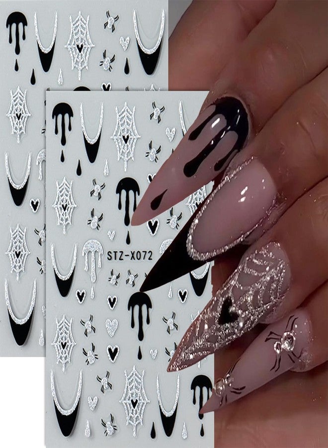 8 Sheets Black Halloween Nail Art Stickers Decals Spider Web Nails Sticker with Rhinestones Design Skeleton Blood Drop French Tip Nails Decals Self-Adhesive Butterfly Nail Art Decal Halloween Decor - Image 3
