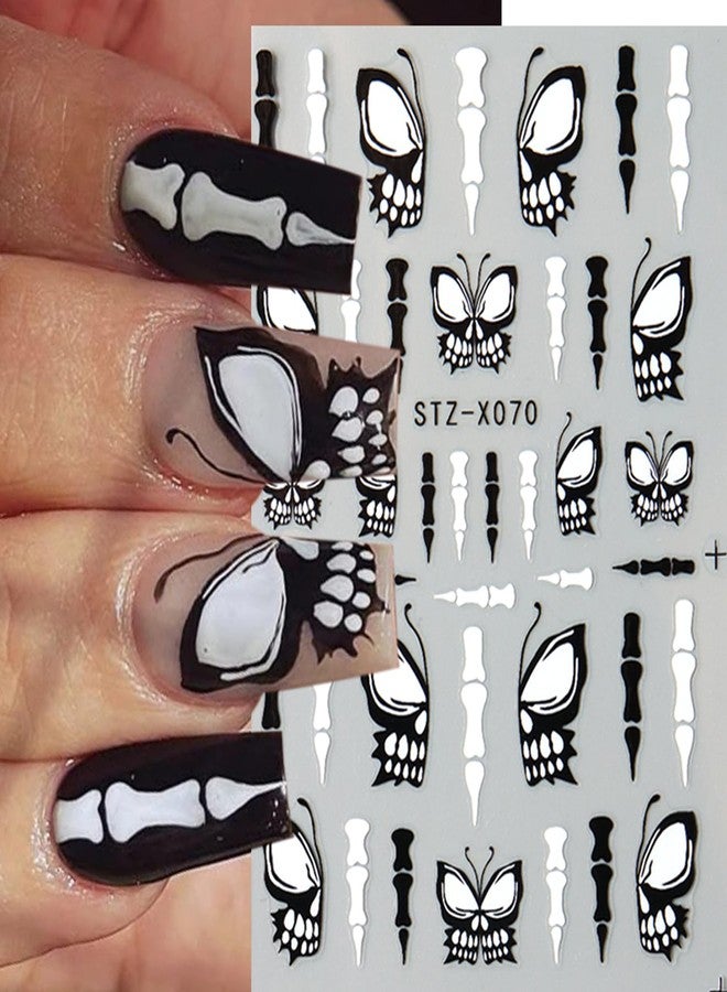 8 Sheets Black Halloween Nail Art Stickers Decals Spider Web Nails Sticker with Rhinestones Design Skeleton Blood Drop French Tip Nails Decals Self-Adhesive Butterfly Nail Art Decal Halloween Decor - Image 5