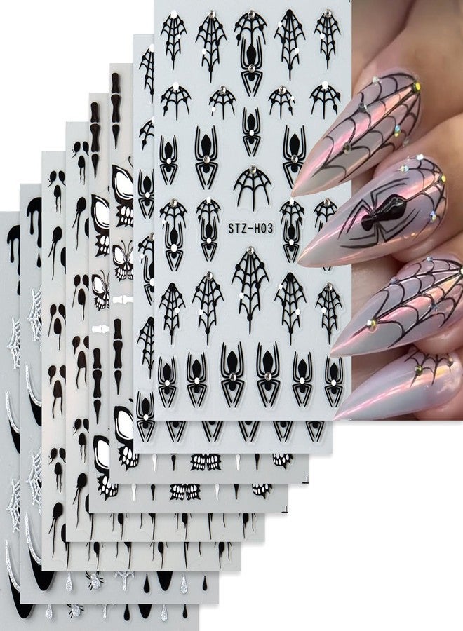 8 Sheets Black Halloween Nail Art Stickers Decals Spider Web Nails Sticker with Rhinestones Design Skeleton Blood Drop French Tip Nails Decals Self-Adhesive Butterfly Nail Art Decal Halloween Decor - Image 1