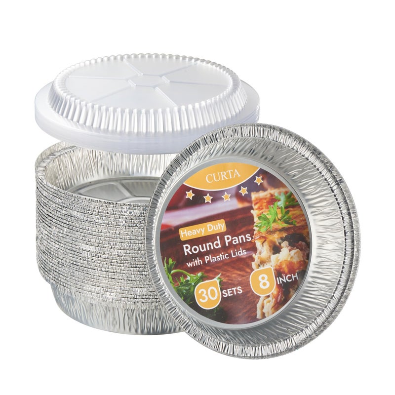 CURTA 8" Round Aluminum Foil Pans with Clear Lids | Great for Broiling, Baking, Storage, Roasting, Take Out | 30 Pack - Image 1