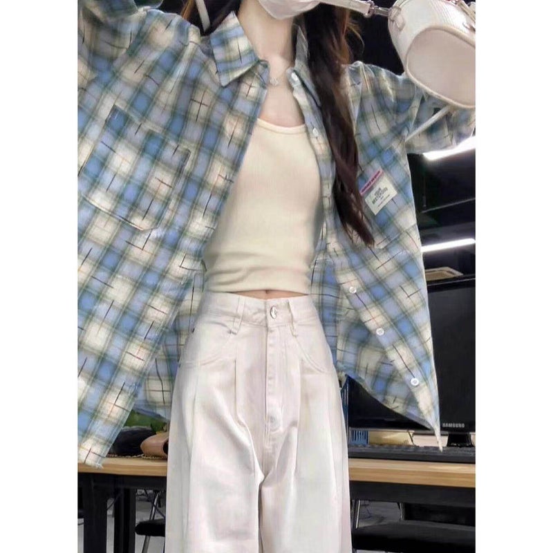 American lazy style pink plaid shirt, women's commuting loose casual slimming long-sleeved shirt with lapel collar, trendy clothes - Image 3