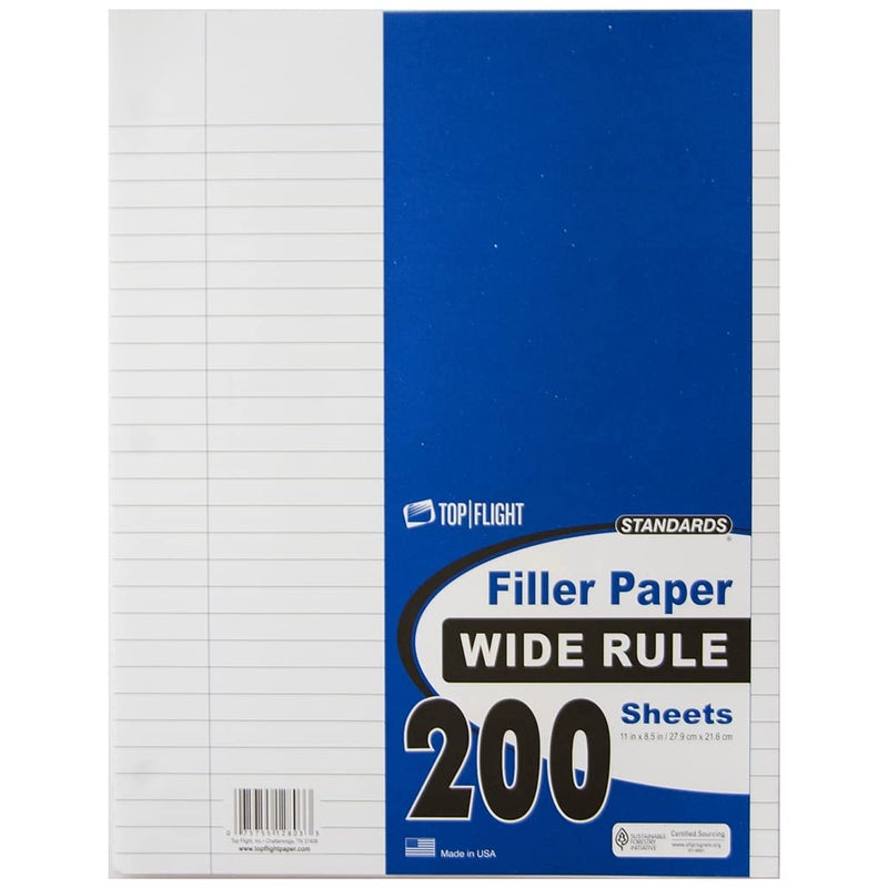 Top Flight Filler Paper, 8.5 x 11 Inches, Wide Rule, 200 Sheets (12803) White - Image 1