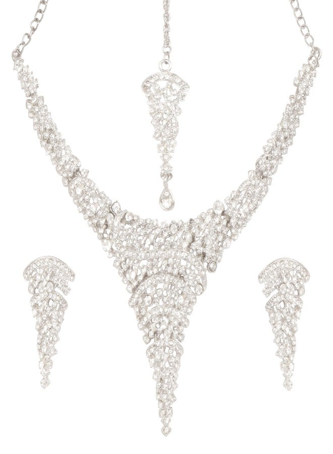 Touchstone NEW! Touchstone "Fine Faux Jewelry Collection" Indian Bollywood Desire Superbly Crative Style Sparkling White Rhinestones Designer Jewelry Necklace Set In Silver Tone For Women. - Image 1