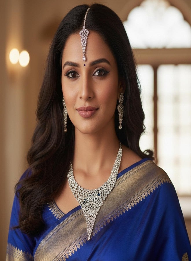 Touchstone NEW! Touchstone "Fine Faux Jewelry Collection" Indian Bollywood Desire Superbly Crative Style Sparkling White Rhinestones Designer Jewelry Necklace Set In Silver Tone For Women. - Image 4