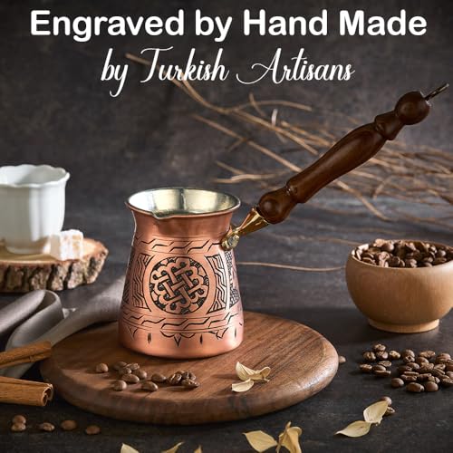 Vissmarta Handmade Hammered Copper Turkish Arabic Moroccan Persian Coffee Chocolate Pot Maker Ibrik Cezve Warmer for Stovetop Stove Top Indian Greek Style Traditional Antique Vintage Fancy Kitchen Decor Pot - Image 2