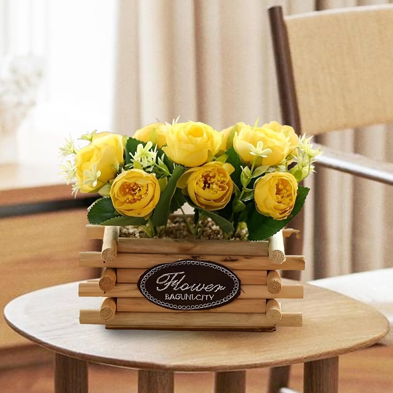 The Better Home Plastic Artificial 10 Headed Yellow Roses Flowers In Wooden Pot 16 Cm Long Room Office Desk Dining Table Decor Item Aesthetic Home Decor