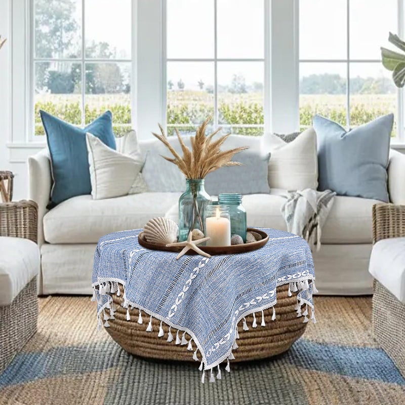 tiosggd Small Blue Square Tablecloth 36''x36'', Summer Dusty Blue and White Linen Coffee Table Cover, Boho Nightstand Cover Top for Bedroom, End Table Cloth Runner, Coastal Rustic Farmhouse Home Decor - Image 1