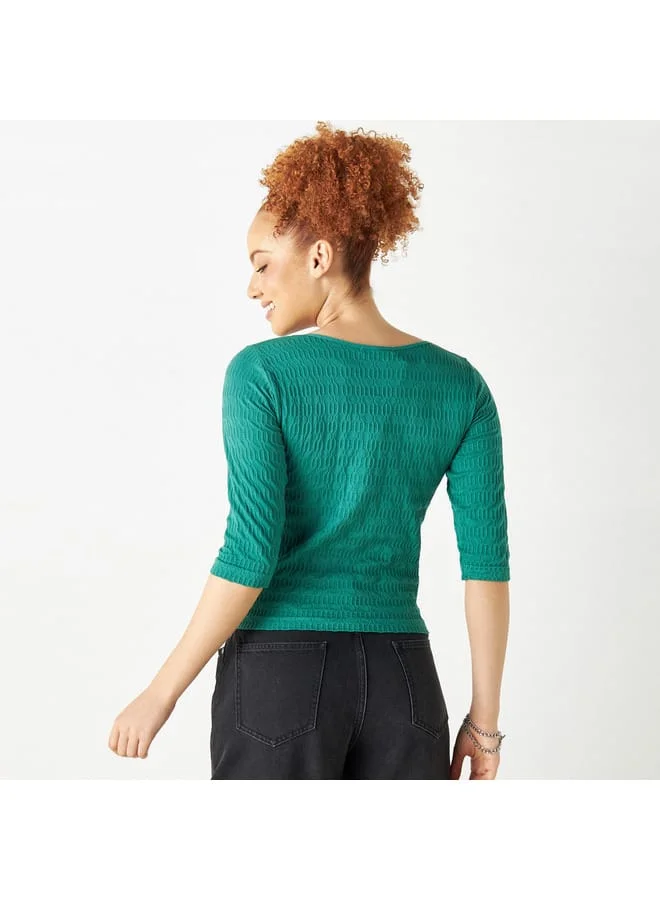 2Xtremz 2Xtremz Textured Round Neck T-shirt with 3/4 Sleeves