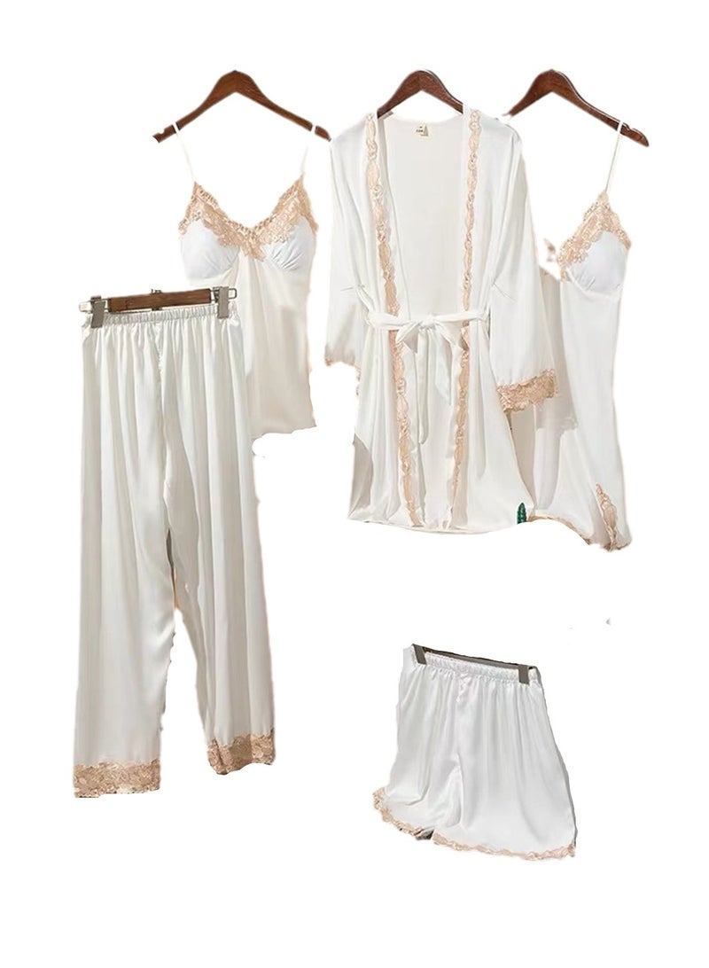 5pcs Ice Silk Pajamas Thin Lace Suspender Long Sleeve Pajama Set  - Image 1