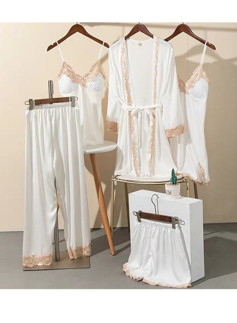 5pcs Ice Silk Pajamas Thin Lace Suspender Long Sleeve Pajama Set  - Image 2