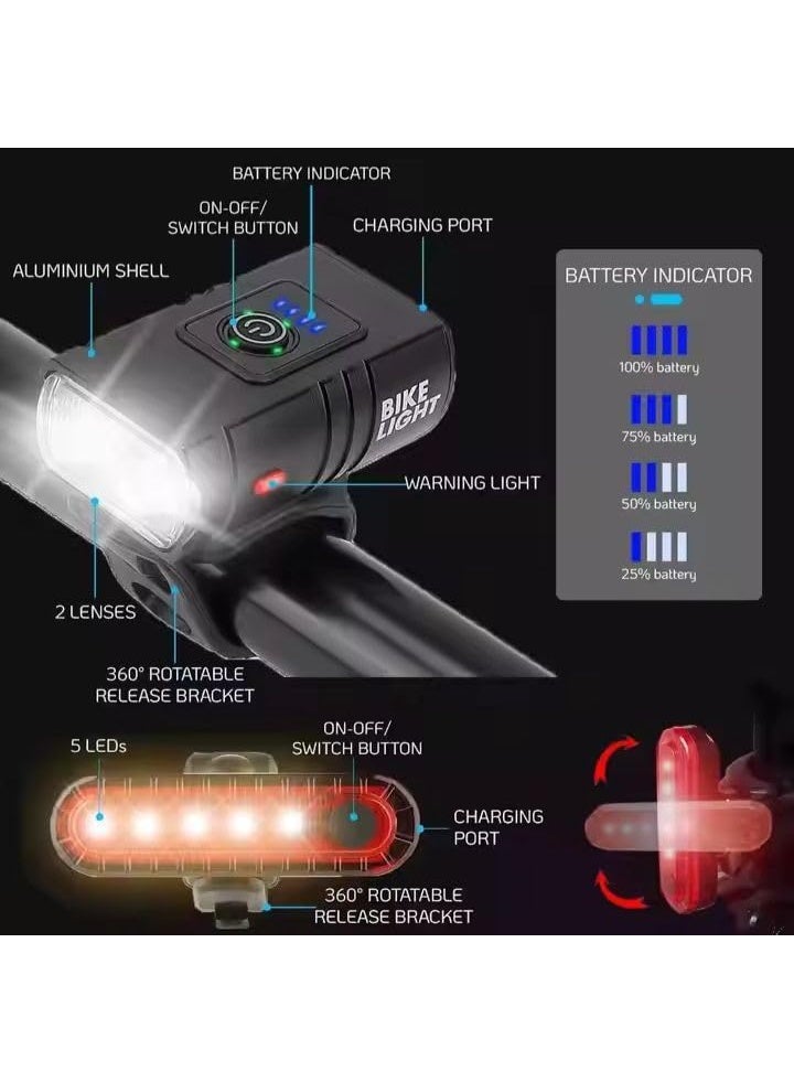 Cuken Bike Light Set,High - Power USB - Charged Bike Light Set –Headlight double lamp beads +Turn Signal Tail Light for Cycling Safety, Waterproof & Easy Installation Ultra Bright LED Cycle Light Front and Back Rear Light, IPX5 Waterproof Bike Light Set for Night Riding/Camping, 10 Lighting Modes, Longer Battery Life - Image 2