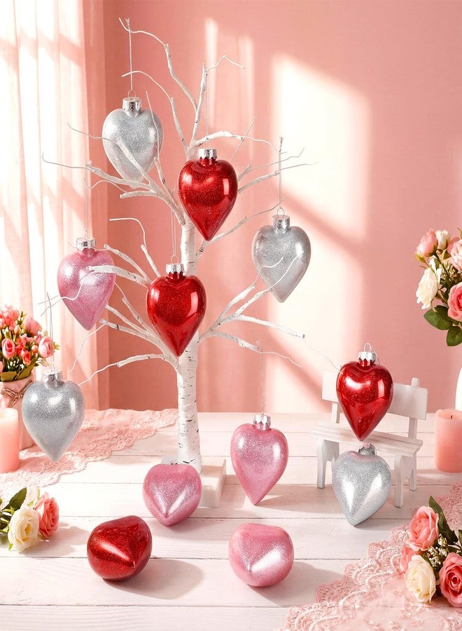 Civaner 12 Pcs Large Heart Shaped Ornaments for Valentine's Day Decor, Glitter Heart Shaped Baubles with Pre-Strung Gold/Silver Wire, Romantic Valentine Tree Home Hanging Decorations (Red Pink Silver) - Image 4