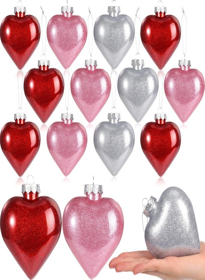 Civaner 12 Pcs Large Heart Shaped Ornaments for Valentine's Day Decor, Glitter Heart Shaped Baubles with Pre-Strung Gold/Silver Wire, Romantic Valentine Tree Home Hanging Decorations (Red Pink Silver) - Image 1