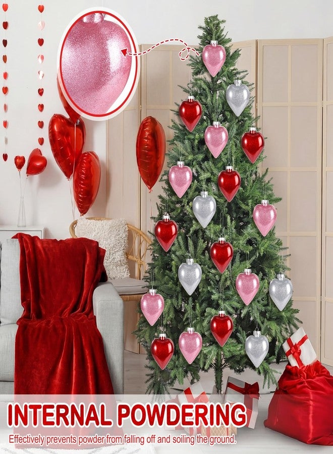 Civaner 12 Pcs Large Heart Shaped Ornaments for Valentine's Day Decor, Glitter Heart Shaped Baubles with Pre-Strung Gold/Silver Wire, Romantic Valentine Tree Home Hanging Decorations (Red Pink Silver) - Image 3