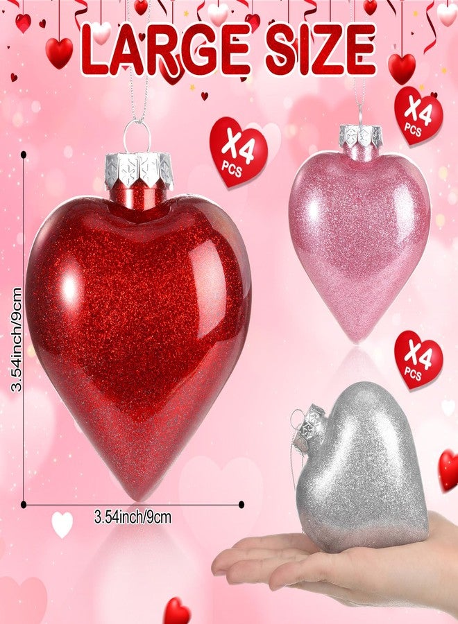 Civaner 12 Pcs Large Heart Shaped Ornaments for Valentine's Day Decor, Glitter Heart Shaped Baubles with Pre-Strung Gold/Silver Wire, Romantic Valentine Tree Home Hanging Decorations (Red Pink Silver) - Image 2