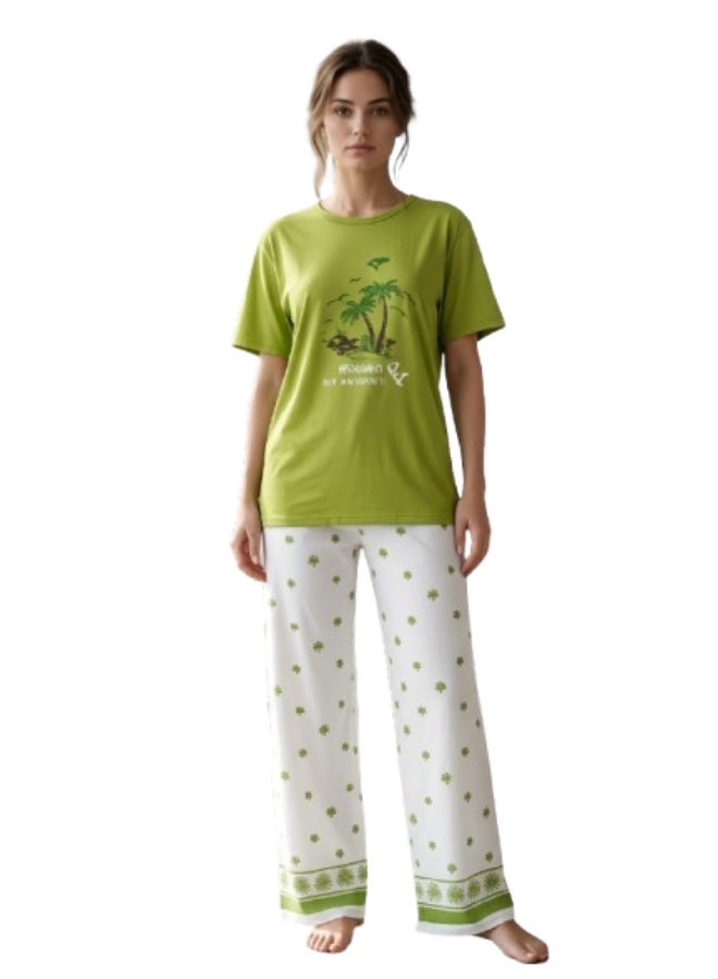 Women's cotton two-piece pajama set with wide-leg pants for comfortable wear - women's loungewear in various styles - Image 1