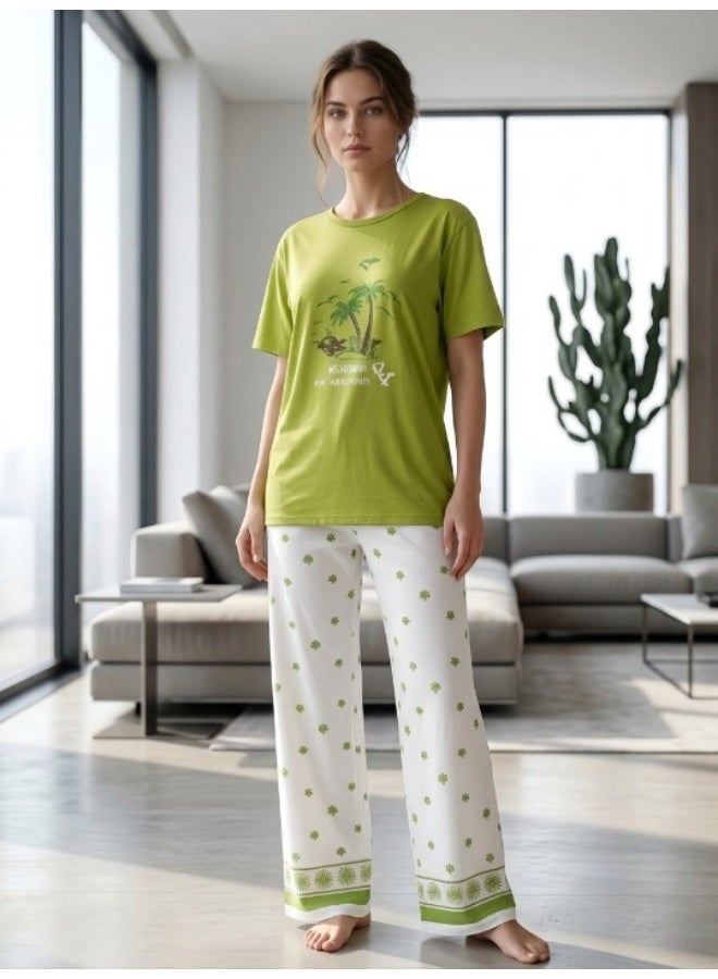 Women's cotton two-piece pajama set with wide-leg pants for comfortable wear - women's loungewear in various styles - Image 2