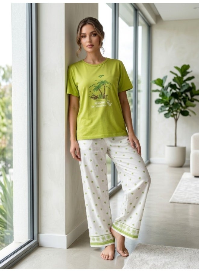 Women's cotton two-piece pajama set with wide-leg pants for comfortable wear - women's loungewear in various styles - Image 4