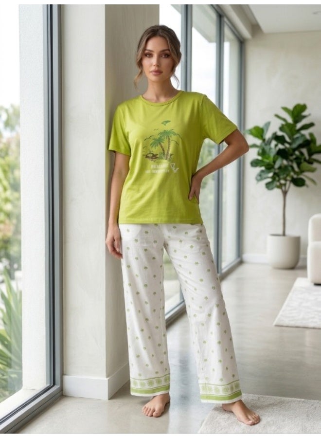 Women's cotton two-piece pajama set with wide-leg pants for comfortable wear - women's loungewear in various styles - Image 5