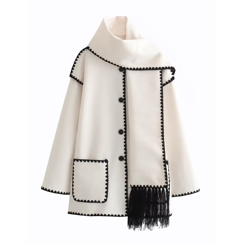 ZA cross-border womens clothing wholesale European and American style scarf stitching casual woolen coat fashion Joker loose woolen coat White 