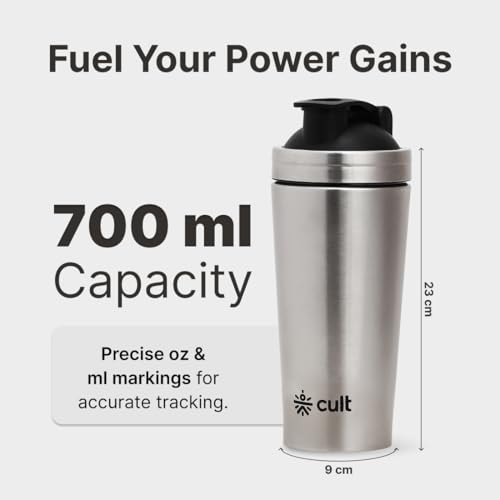 CULT Stainless Steel Shaker Bottle 700ML – Durable, Leak-Proof, BPA-Free Protein Shaker with Wire Mixer – Gym, Fitness, Travel & Daily Use – Lightweight & Easy to Clean - Silver - Image 3