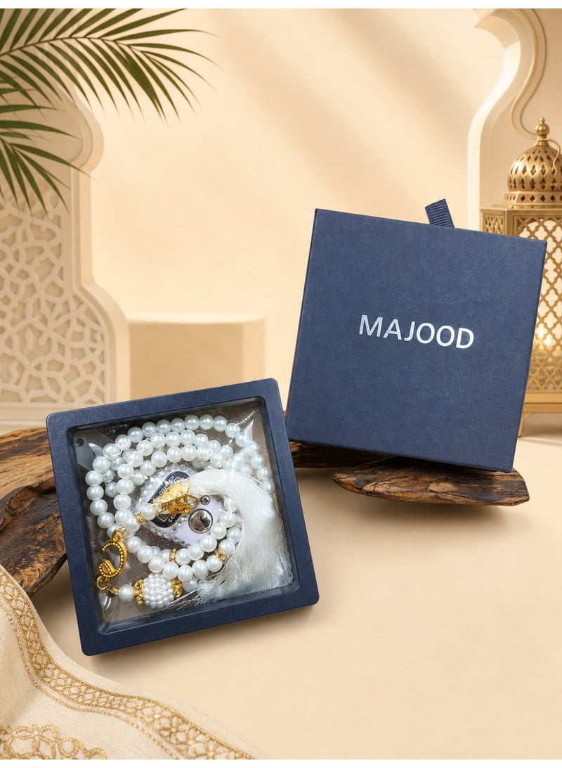 MAJOOD 1 Set of 99 resin imitation pearl prayer beads 8mm  and an electronic counter, packaged in a gift box. - Image 2