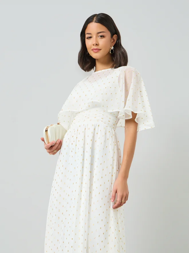 Styli Styli White Lurex Foil Cape Sleeve Maxi Dress