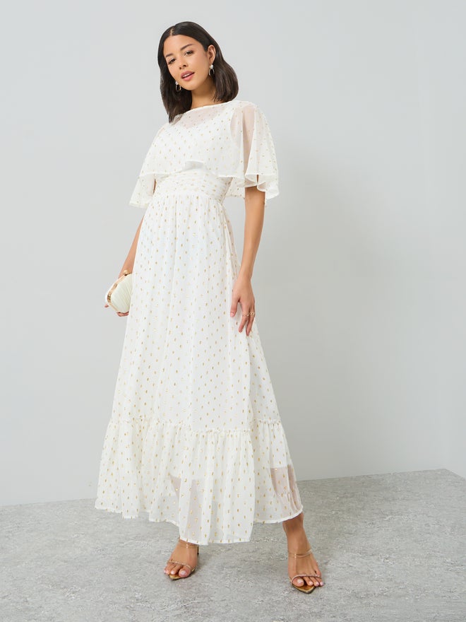 Styli White Lurex Foil Cape Sleeve Maxi Dress - Image 1