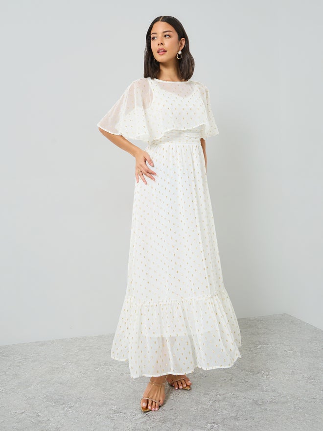 Styli White Lurex Foil Cape Sleeve Maxi Dress - Image 3
