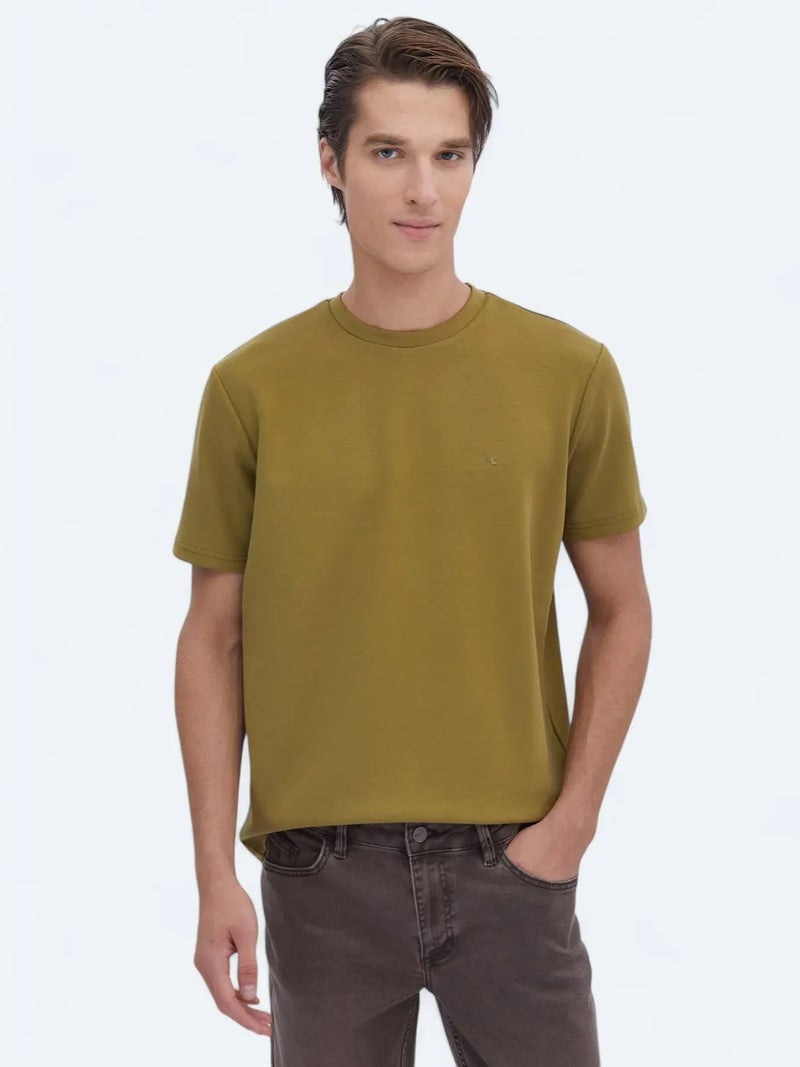 Kip Oil Green Plain Crew Neck T-Shirt - Image 3