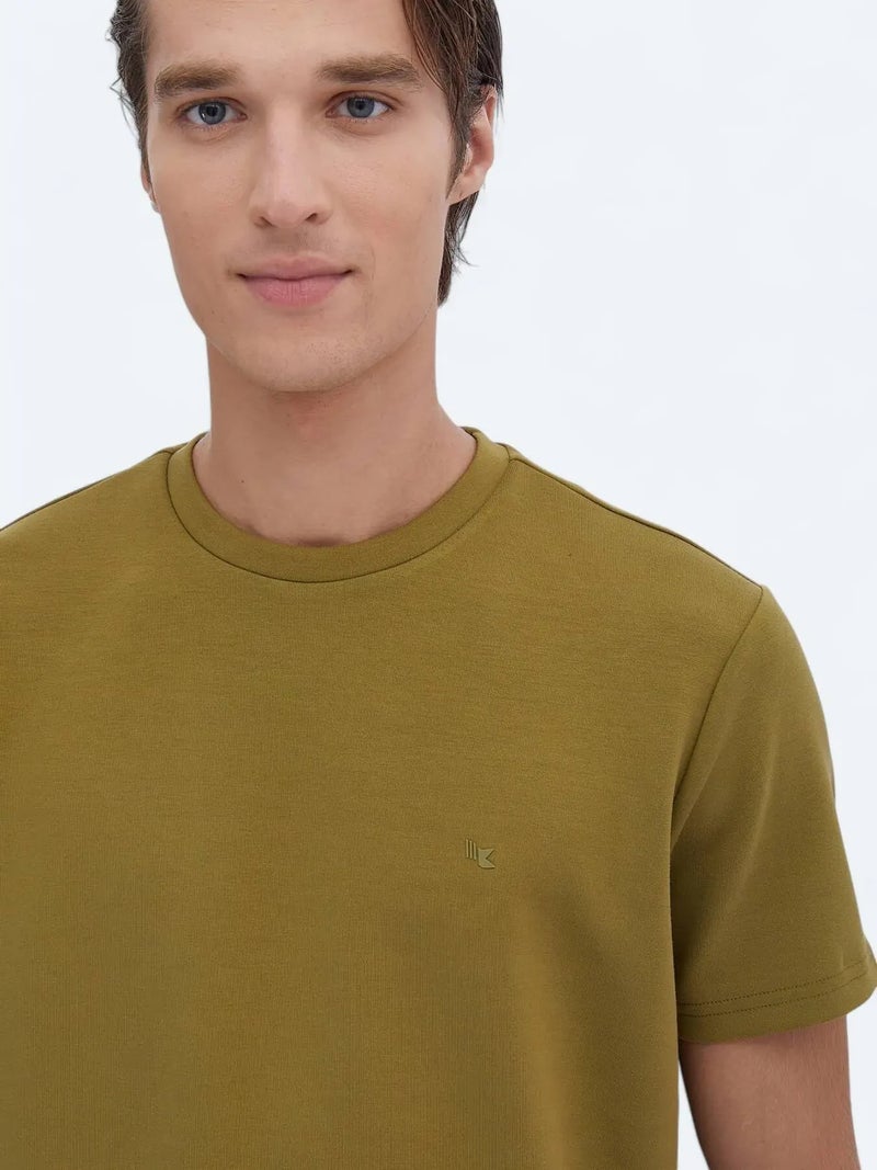 Kip Oil Green Plain Crew Neck T-Shirt - Image 4