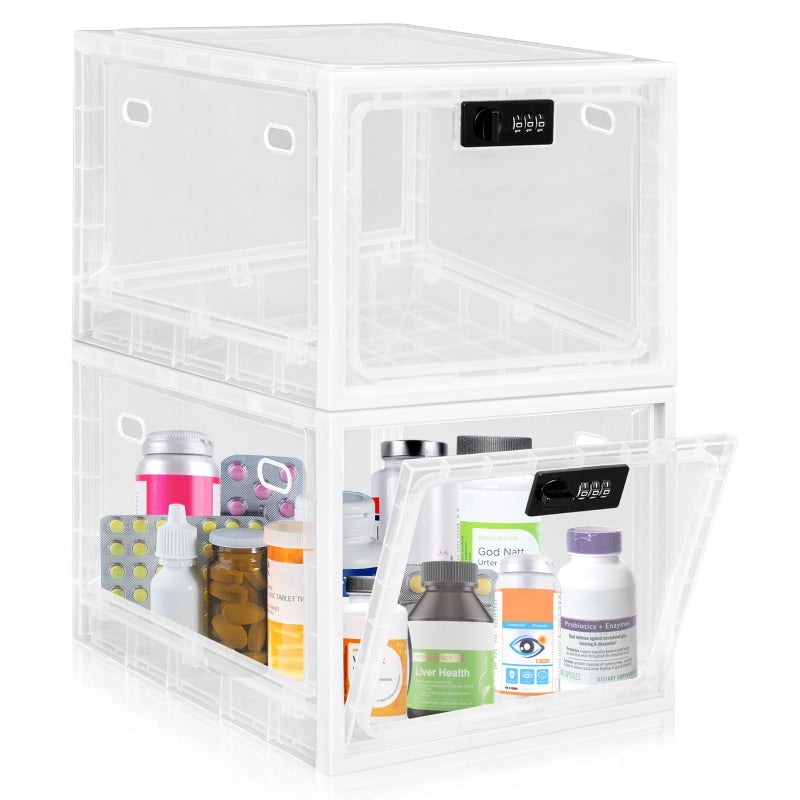 Gemaxvoled 2 Pack Medicine Lock Box, Large Capacity Premium Material Lockable Storage Bin Organizer Box with Combination Code for Safe Medication/Fridge Food/Snacks/Phone/Tablet Jail(White) - Image 1