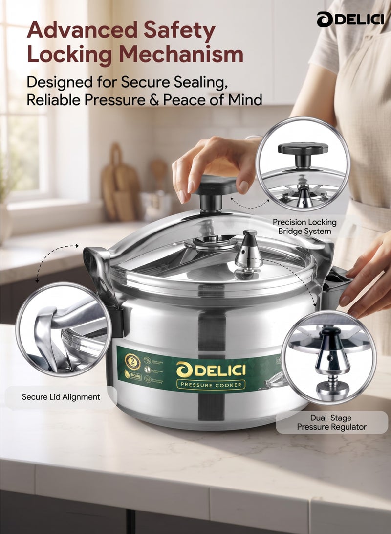 DELICI Aluminium Pressure Cooker 7 Litre, Durable Aluminum Body & Lid, Fast & Efficient Cooking, Safety Locking Mechanism, Pressure Regulator & Vent, Long-Lasting Sealing Ring, 2 Years Warranty - DPC 7A - Image 3