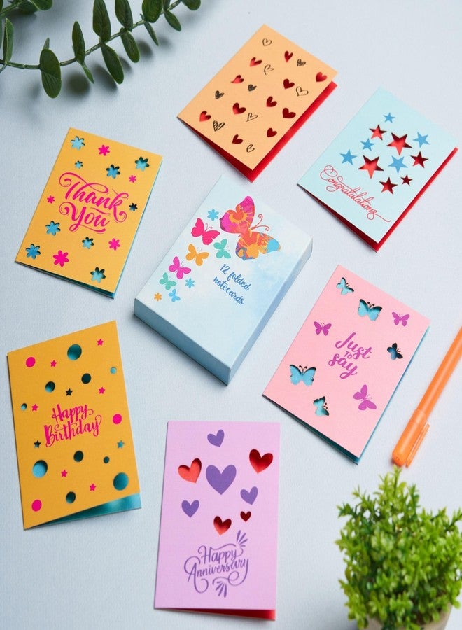 DOODLE Set Of 12 Blank Laser Cut Notecards|Box Packaging|3 X 4.25 In|6 Designs X 2 Cards|Ample Space To Write Inside For Thank You - (Thoughts And Feelings) - Image 1