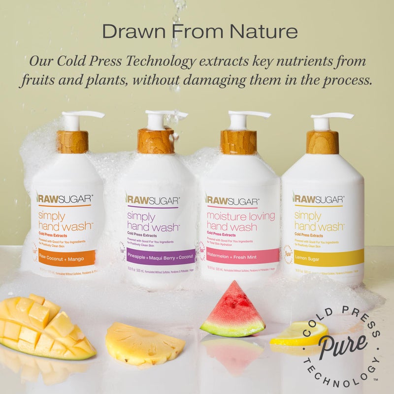 RAW SUGAR Hand Wash Variety Bundle - Lemon Sugar, Watermelon + Fresh Mint, Pineapple + Maqui Berry + Coconut & Raw Coconut + Mango, Formulated without Sulfates & Parabens (16.9 fl. oz, Pack of 4) - Image 5