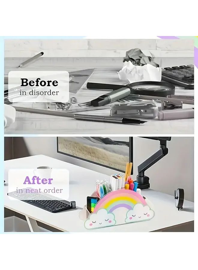 Rainbow Acrylic Desktop Organizer Lightweight Pencil Holder Office Stationery Storage Box With Transparent Compartments Perfect For School Supplies Makeup Brushes And Accessories Clear Construction Playful Design 1 Pack - Image 4